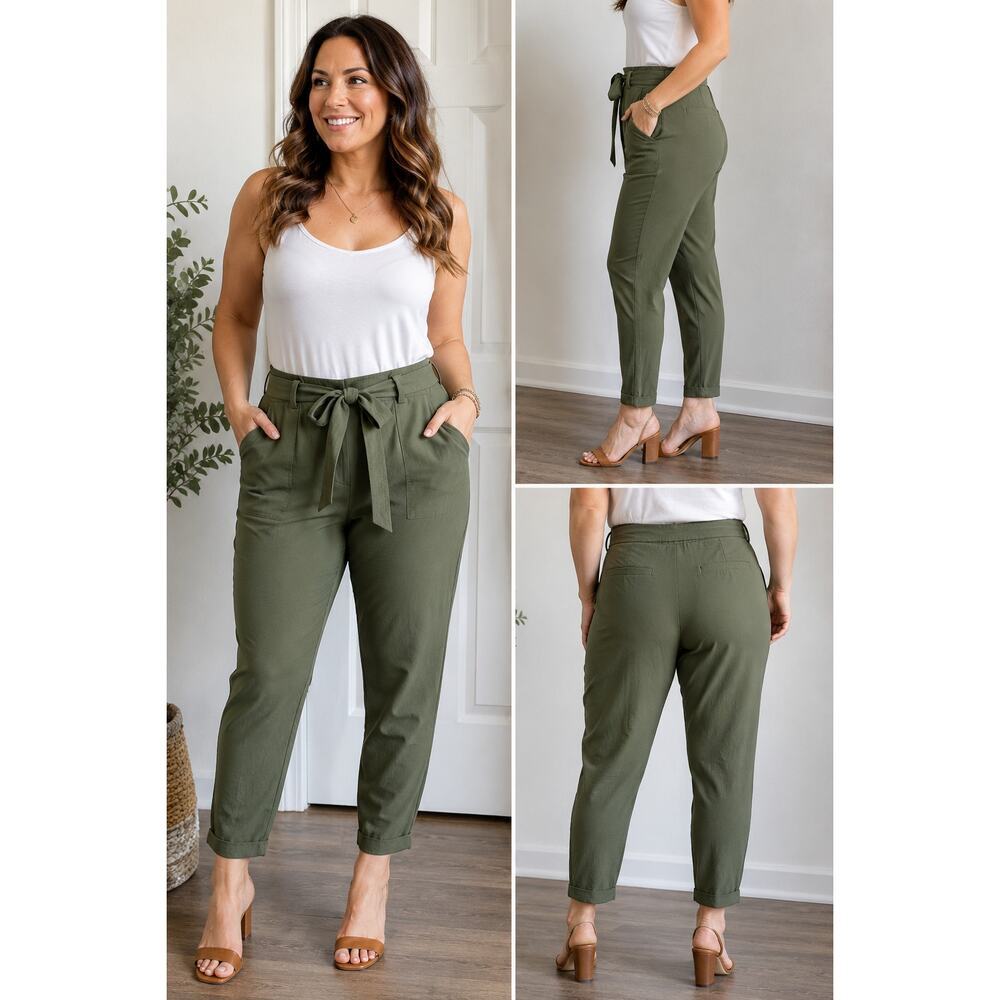 Leith Tie Waist Utility Pants XL Green Thyme Cropped Tapered Pockets Stretch